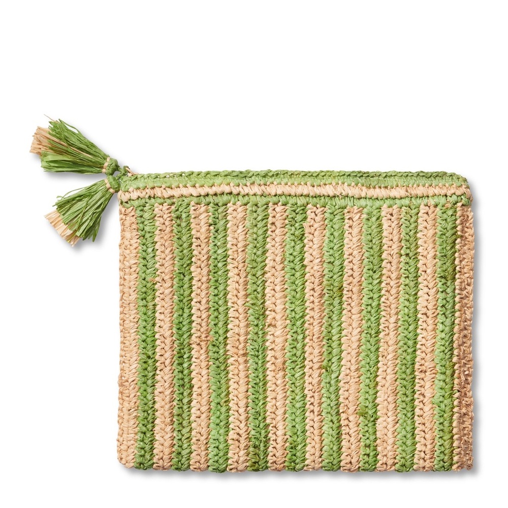 Aerin Green and Beige Striped Raffia Clutch